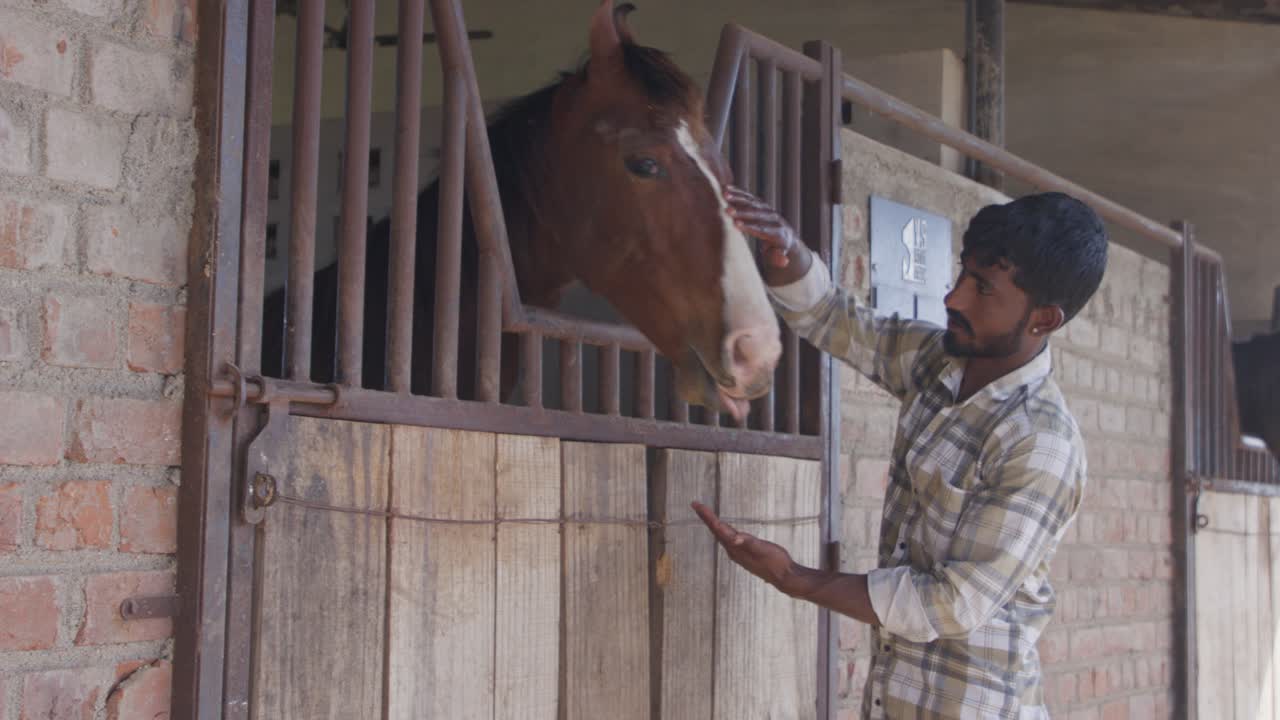 A man in a plaid shirt pets a horse in a barn where the horse behind a metal stable