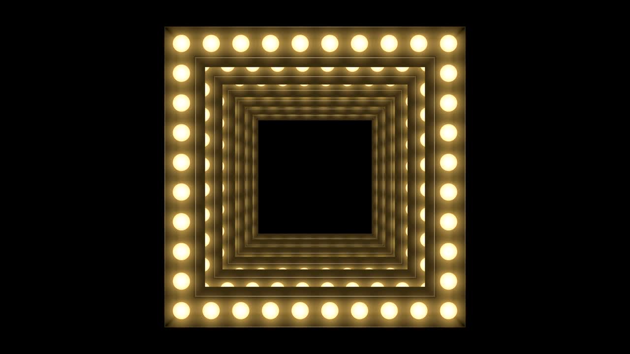 cuadro de caja de bombilla incandescente de túnel forma cuadrada patrón móvil, estilo retro 3d ilustración de estilo virtual brillo en fondo oscuro animación de bucle sin costuras 4k, con espacio de copia