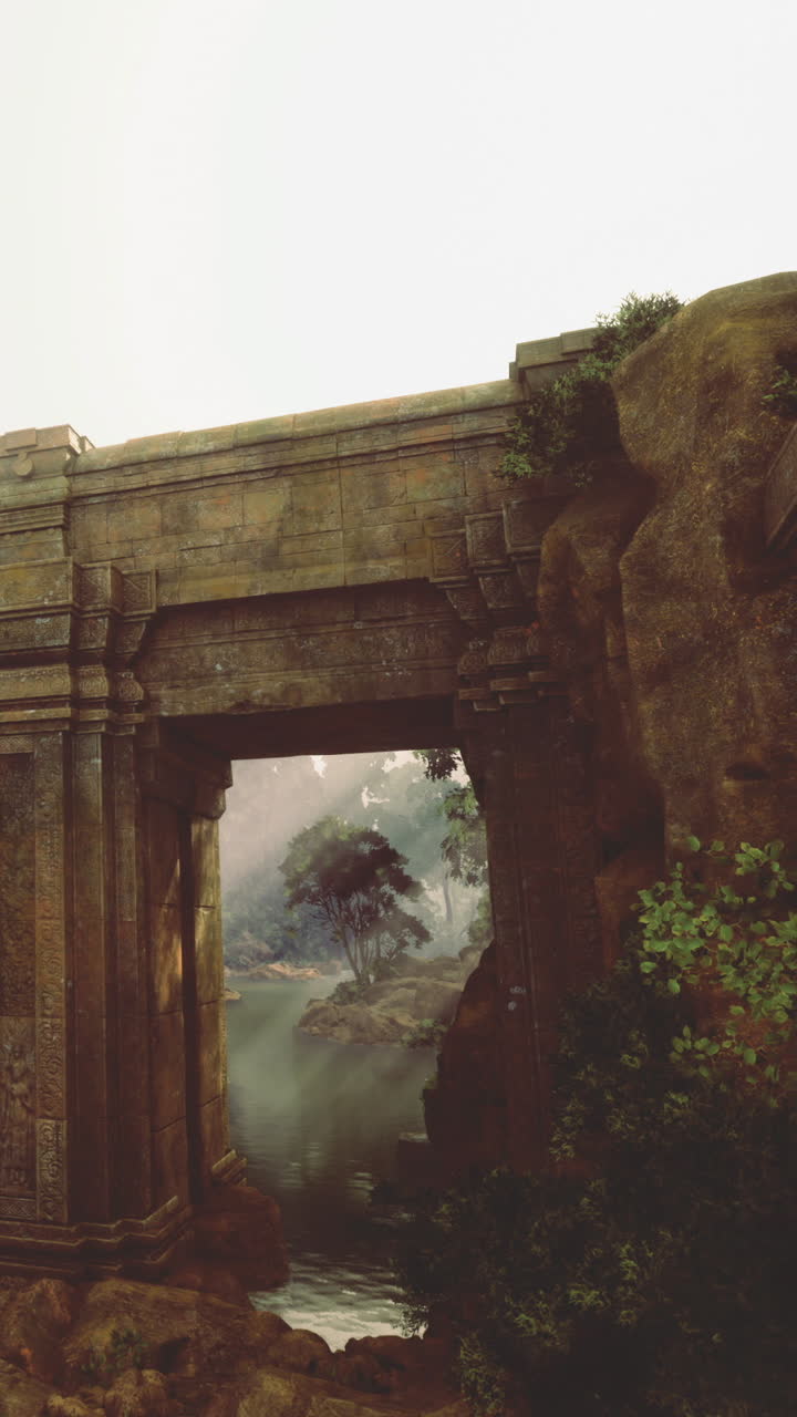 Intrincado arco de piedra enmarca un paisaje verde bajo un cielo brumoso.