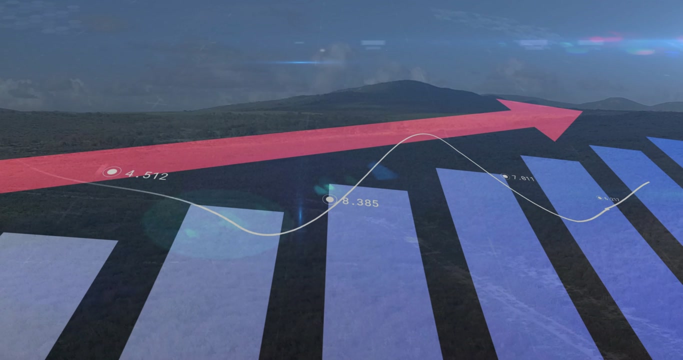 On play, 3D finance chart animating curve across blue bars, highlighting labels, showing growth