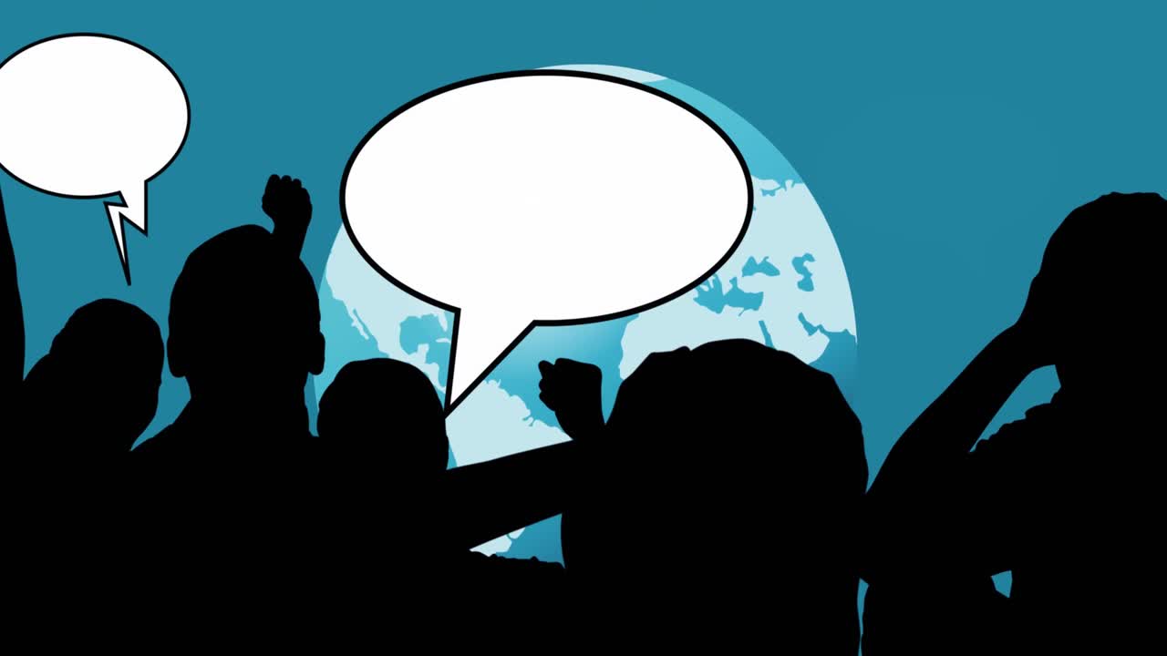 파란색 배경에 전 세계에 음성 거품과 함께 사람들의 실루의 애니메이션