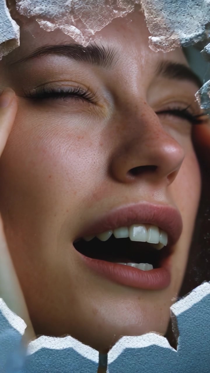 A close-up portrait of a woman expressing strong emotions, her facial features highlighted through a cracked surface, conveying a mix of intensity and vulnerability.