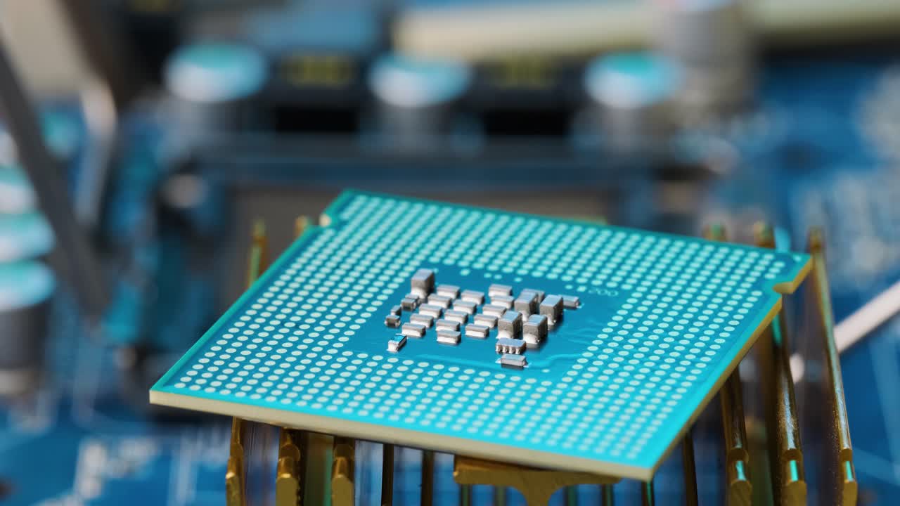 Tracking motion Computer microchip ready to Installing on Laptop Motherboard, Tech Concept