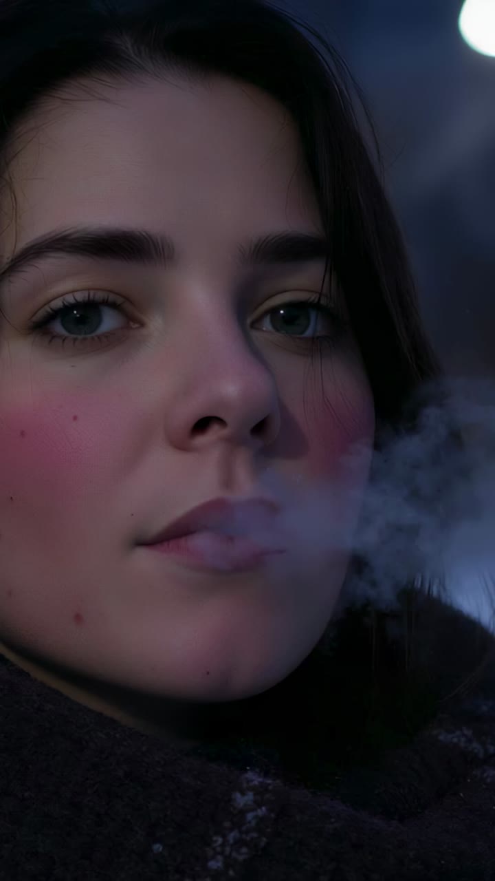 Vertical video: Exhaling woman releasing breath in cold dusk, wearing dark scarf with bokeh lights
