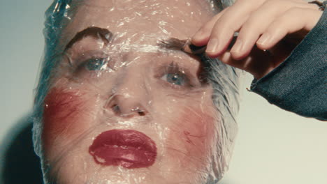 woman with plastic wrap on face applying makeup