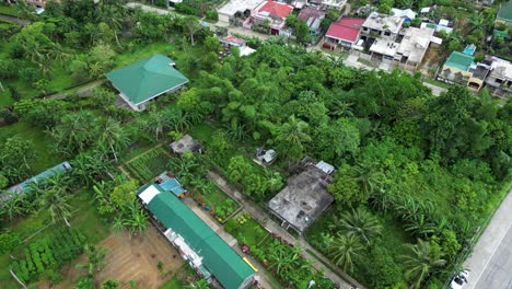 Aerial-panoramic-overview-of-tropical-southeast-asia-neighborhood-jungle-village