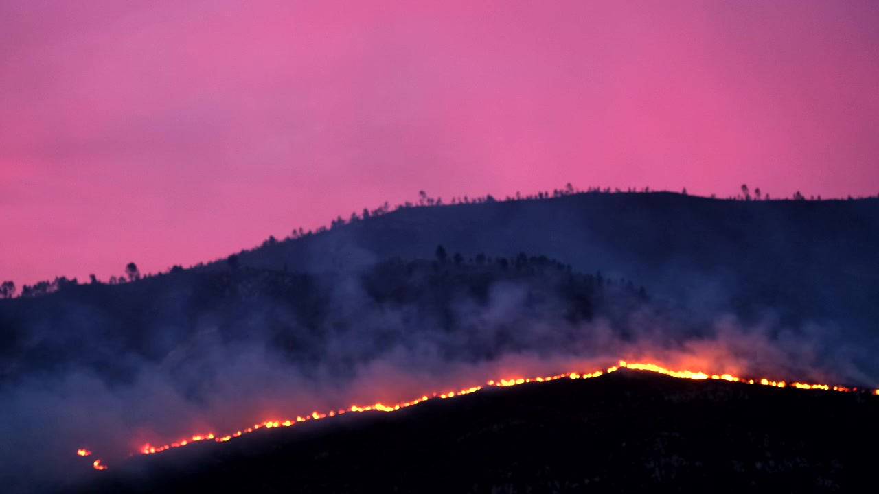 Cielo rosa al tramonto con un incendio boschivo che inghiotte la fynbos circostante sulla montagna, Hermanus.