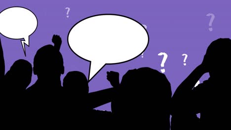 animation of people silhouettes with speech bubbles over question marks on purple background