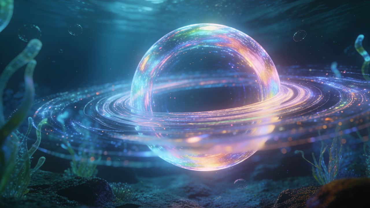 Pulsing glowing orb releasing concentric ripples across rocky seabed, sending bubbles upward