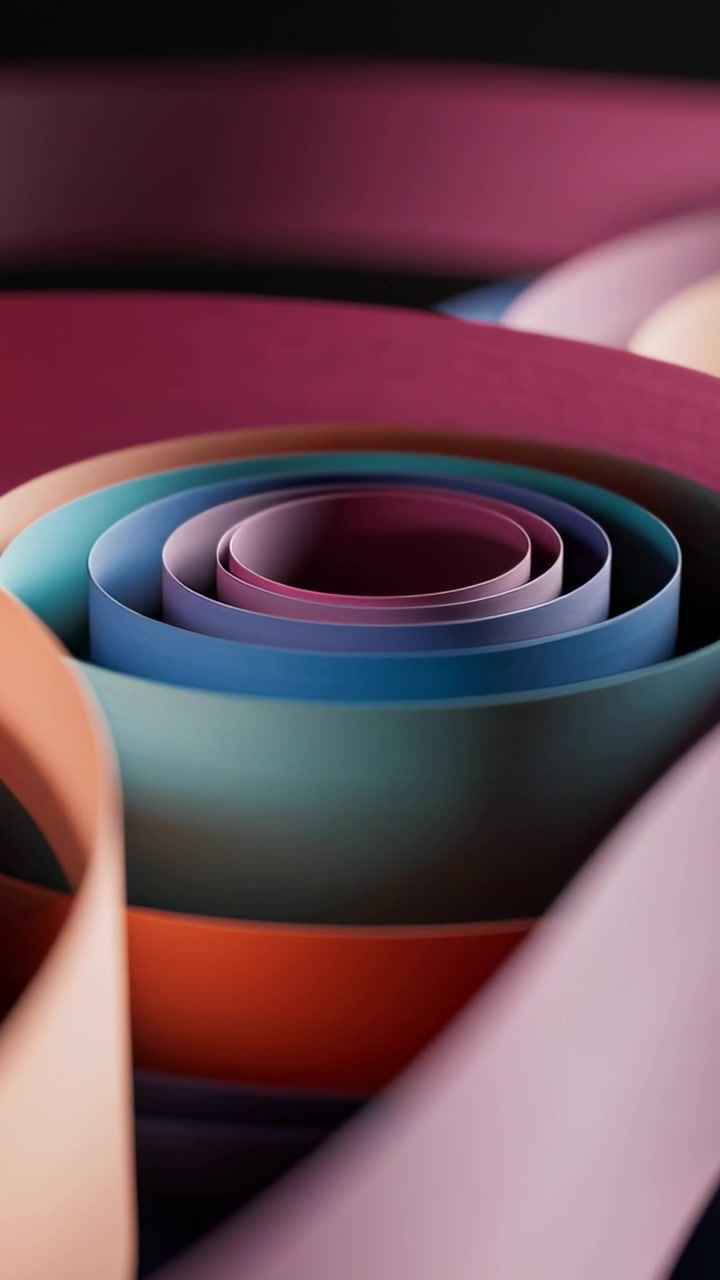 Vertical video: Camera pulling inward revealing paper spiral in studio, showing pink front ribbon