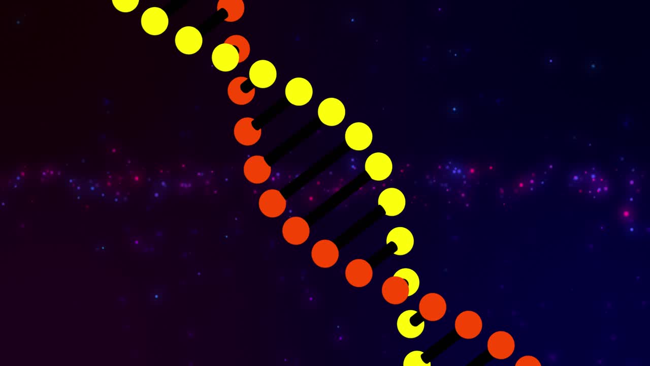 Animation of dna strand spinning over glowing neon dots