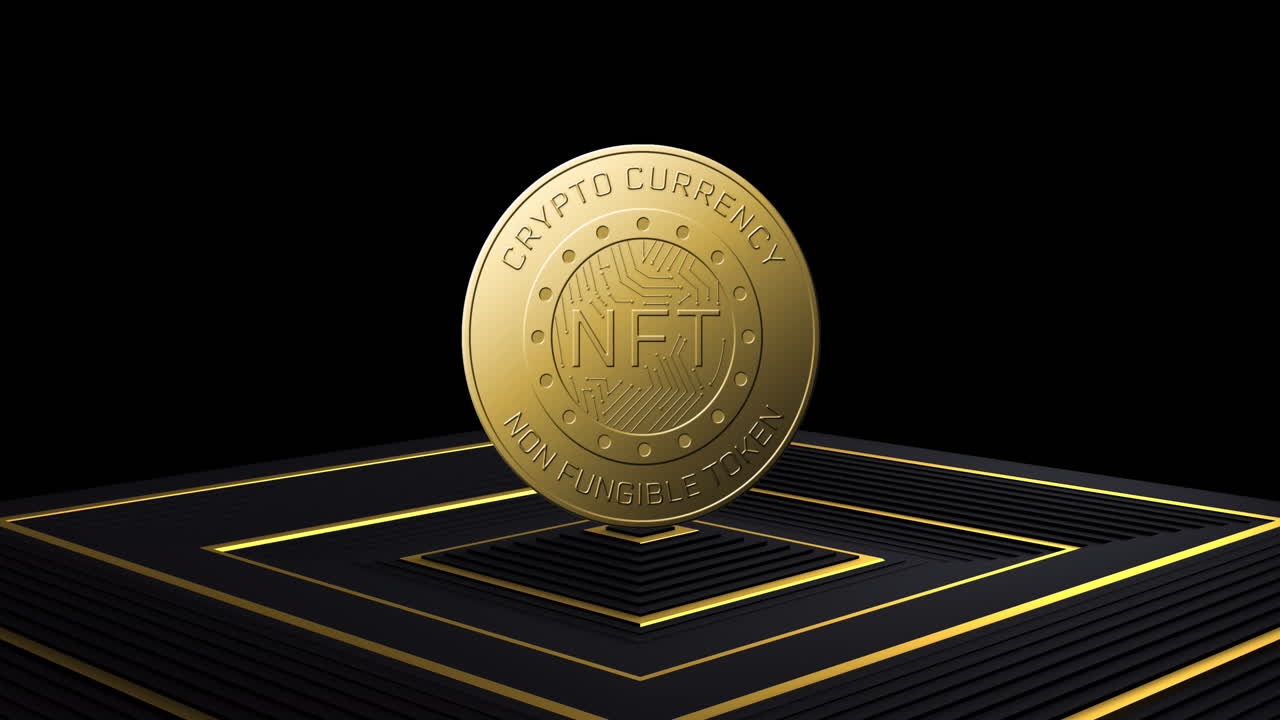 animación de una moneda de oro nft en fondo negro