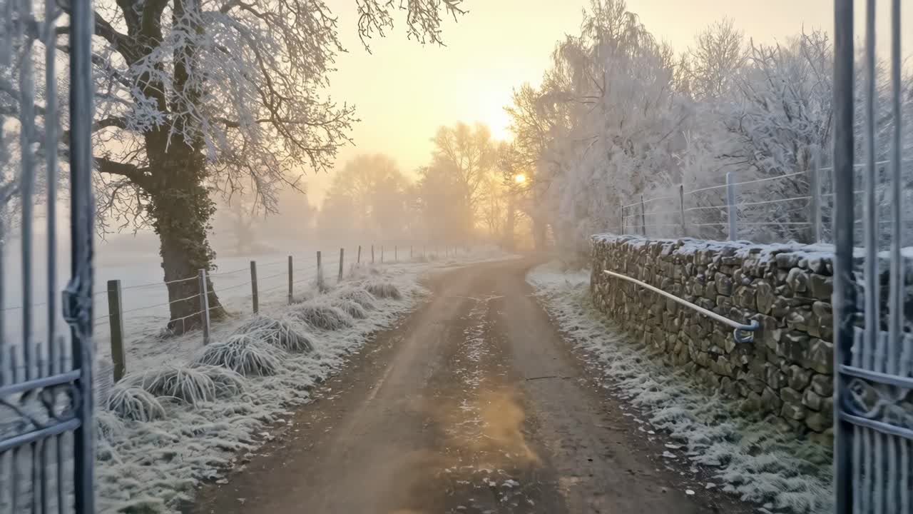 Passerer gennem åbne porte på en tåget vintermorgenvej