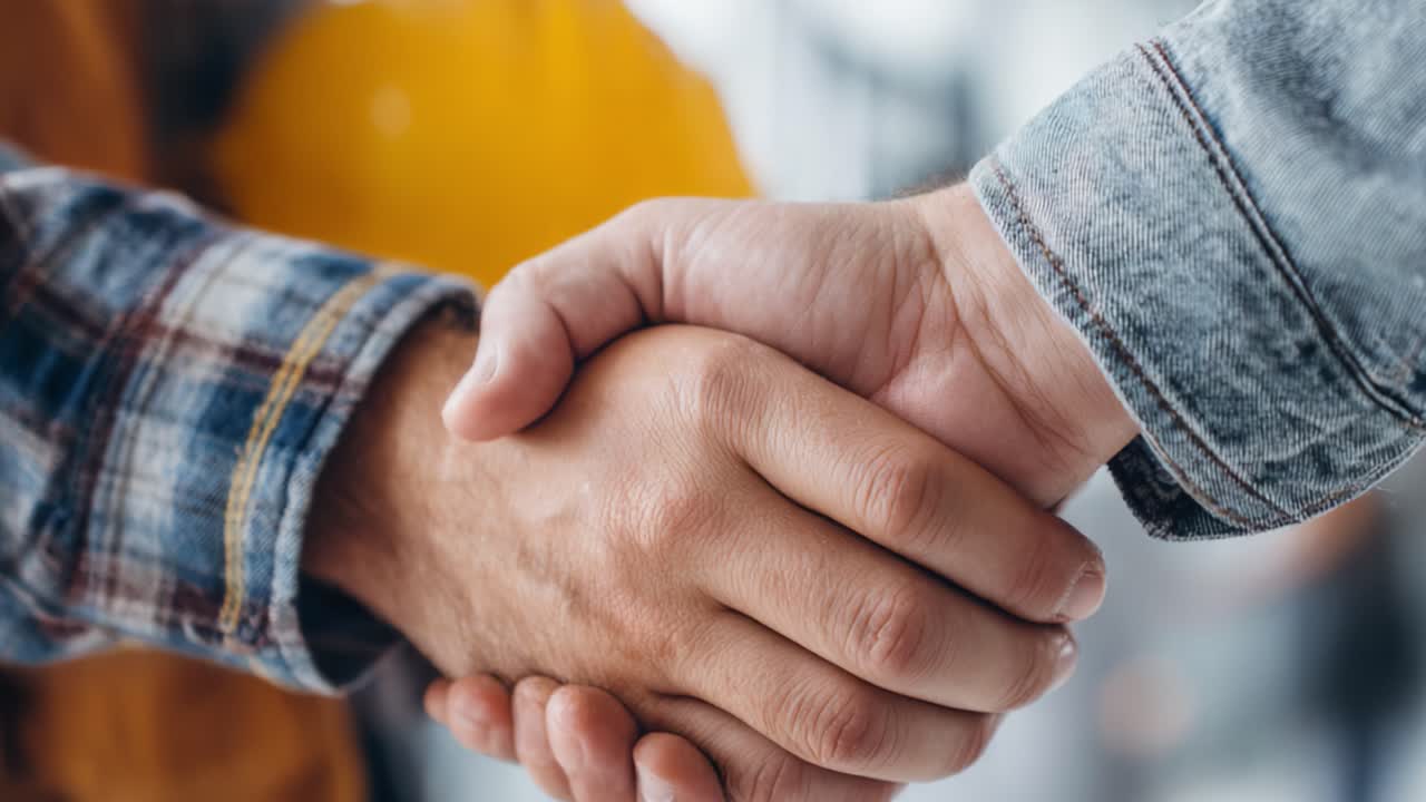 A Close-Up of a Handshake Signifying Partnership and Cooperation: Hands Grasping Firmly with a Hard Hat in the Background, Symbolizing Commitment to Collaboration