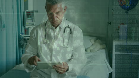 animation of caucasian male doctor using tablet over data processing