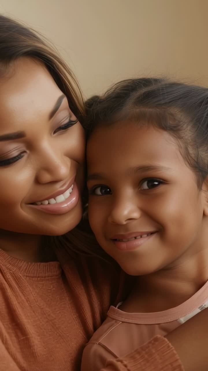 Vertical video: Sharing embrace, mom in rust top and daughter in pink hugging at home showing bond