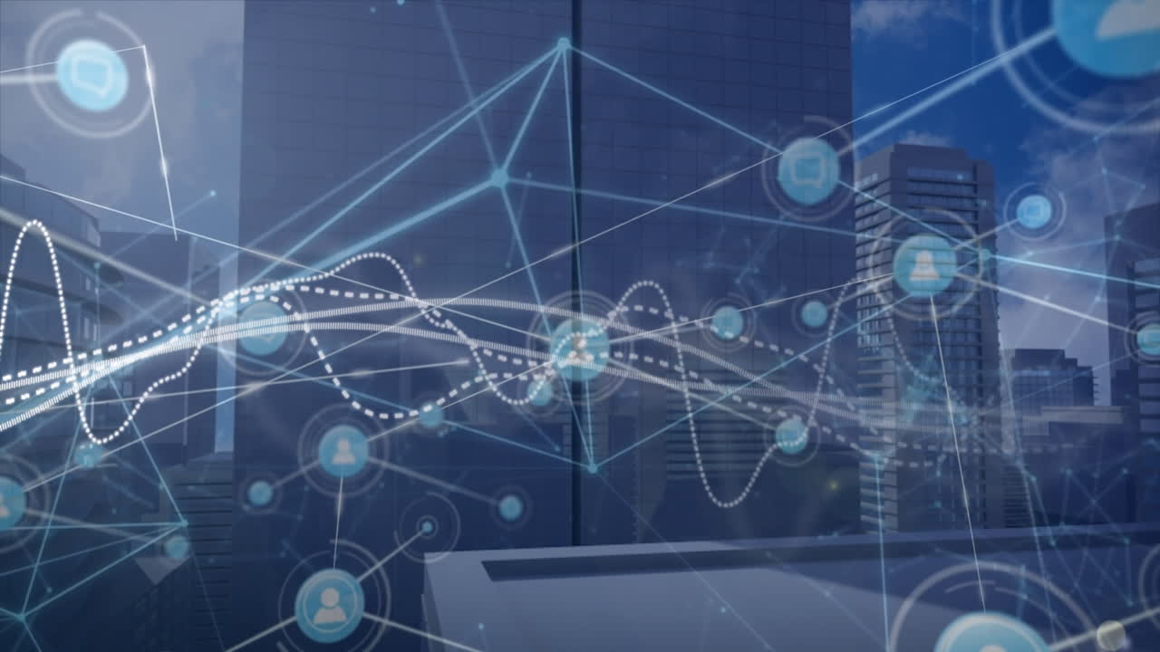 연결된 아이콘과 구름진 하늘을 배경으로 현대적인 건물에 대한 그래프의 애니메이션