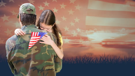 animation of caucasian male soldier with daughter over flag of usa