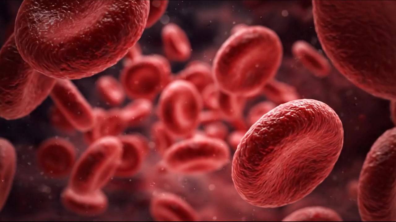 Red blood cells flowing through a vivid medical bloodstream scene in detailed footage