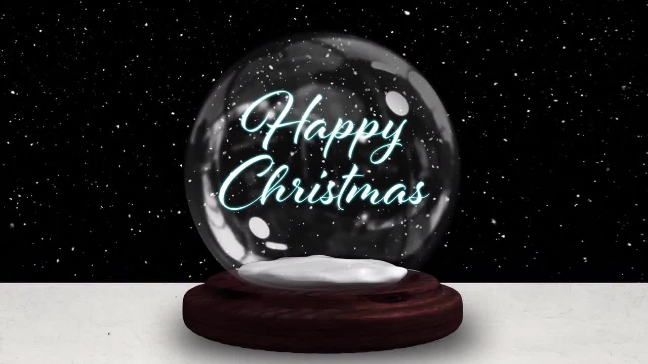animación de feliz texto de navidad sobre globo de nieve, estrella fugaz y nieve cayendo