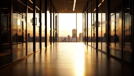 a serene sunset view from an office corridor: reflecting the golden light and city skyline in an urban workspace environment
