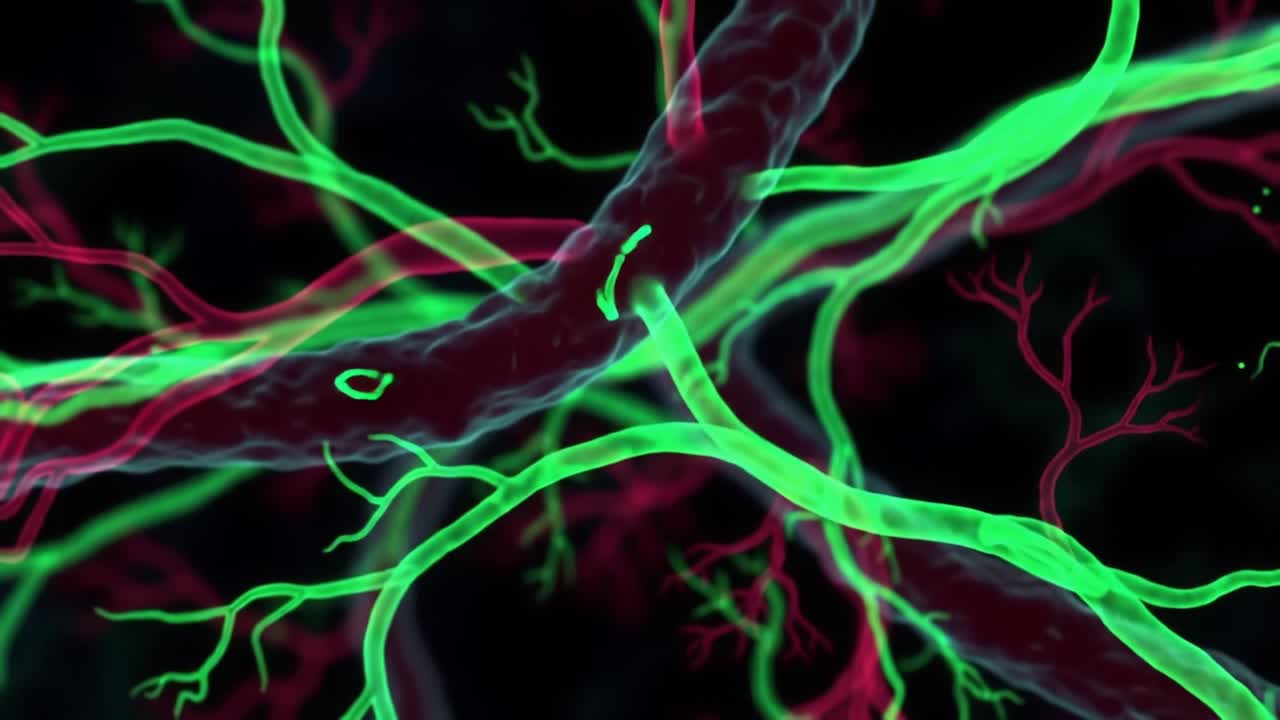Microscopic Visualization of Interconnected Neural Pathways Featuring Vibrant Green and Red Structures in an Abstract, Biological Network
