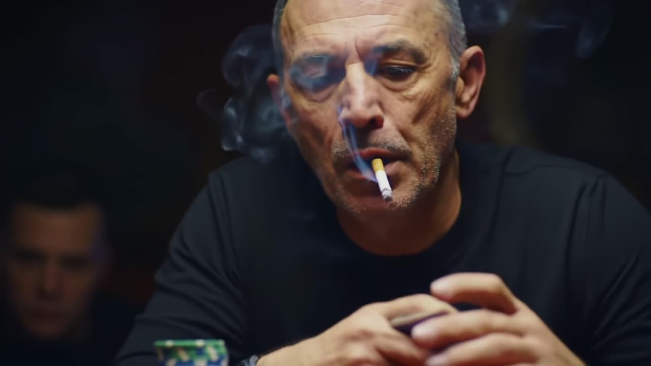 Intense Focus and Strategy: A Poker Player Engaged in a High-Stakes Game with Cigarette in Hand and Piles of Chips on the Table