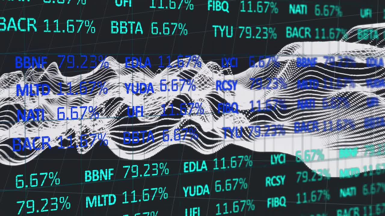 Animation of financial data over black background with waves