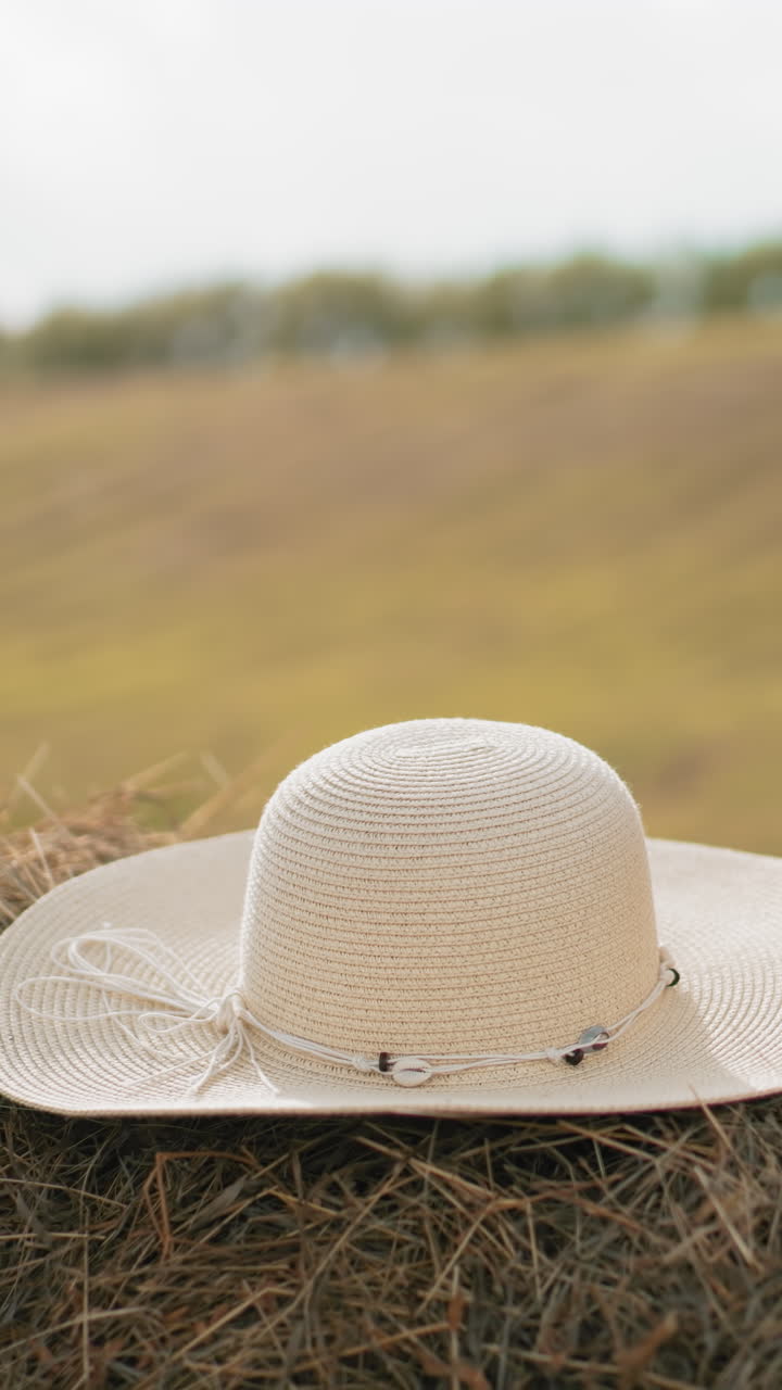 sombrero de sol y canasta de picnic tejida descansando en balas de heno en vastas tierras de cultivo, evocando calor y relajación, tranquilo entorno rural con campos dorados, colinas onduladas y suave luz natural