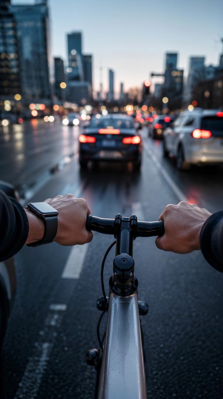 Rider view shows bicycle hands gripping handlebars on reflective urban road, with slow traffic, soft bokeh lights, dark towers, and evening sky creating modern commuting mood and busy city energy