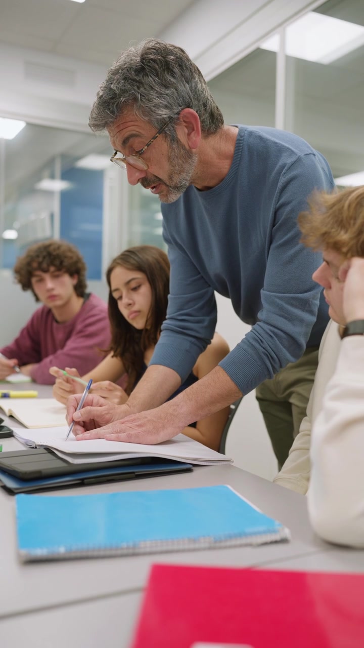 Insegnante uomo che guida gli studenti in un'aula moderna