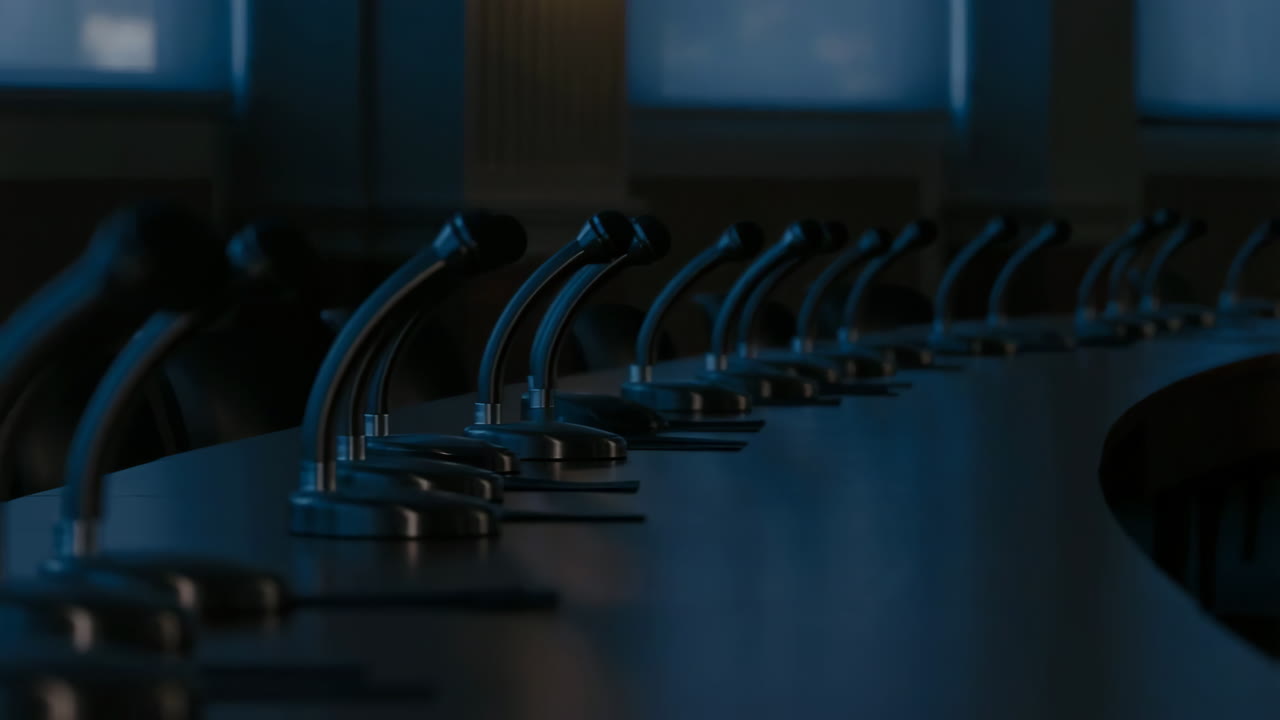 Conference table with microphones