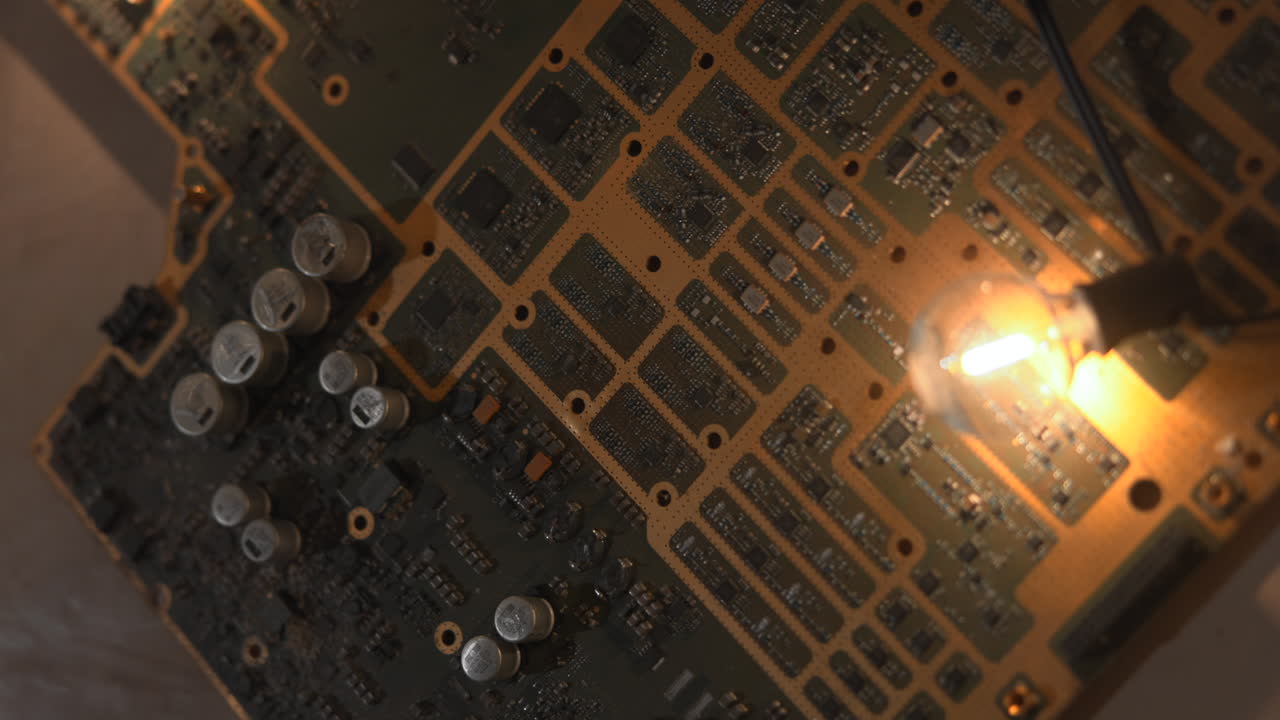Primo piano di una scheda a circuito stampato illuminata da una lampadina che mostra giunzioni saldate, condensatori e tracce dorate con un caldo bagliore ambrato