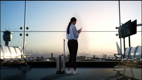 full body back view of asian woman with rolling suitcase in boarding lounge of airline hub, using smartphone while waiting for flight, airport terminal with airplane takes off outside the window