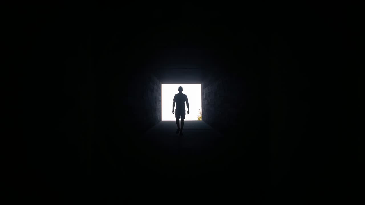 Vertical video: Stepping man figure leaving bright exit walking toward camera through tunnel, cap