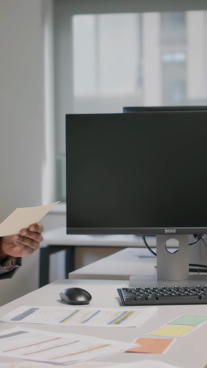 Video verticale: Mano che scivola nella manica di un abito e sposta una tessera beige verso BenQ per l'archiviazione, spazio per il testo