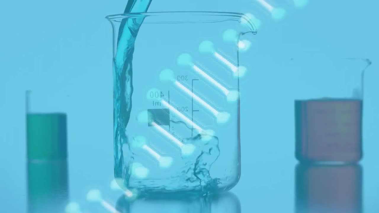 파란색 바탕에 있는 측정 컵에  ⁇ 는 액체 위의 dna 사슬의 애니메이션
