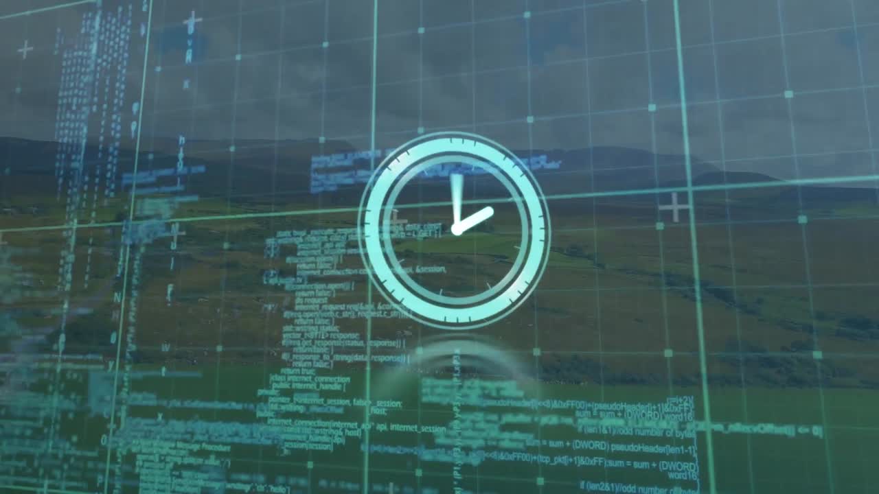 animación de reloj en movimiento y procesamiento de datos sobre el paisaje