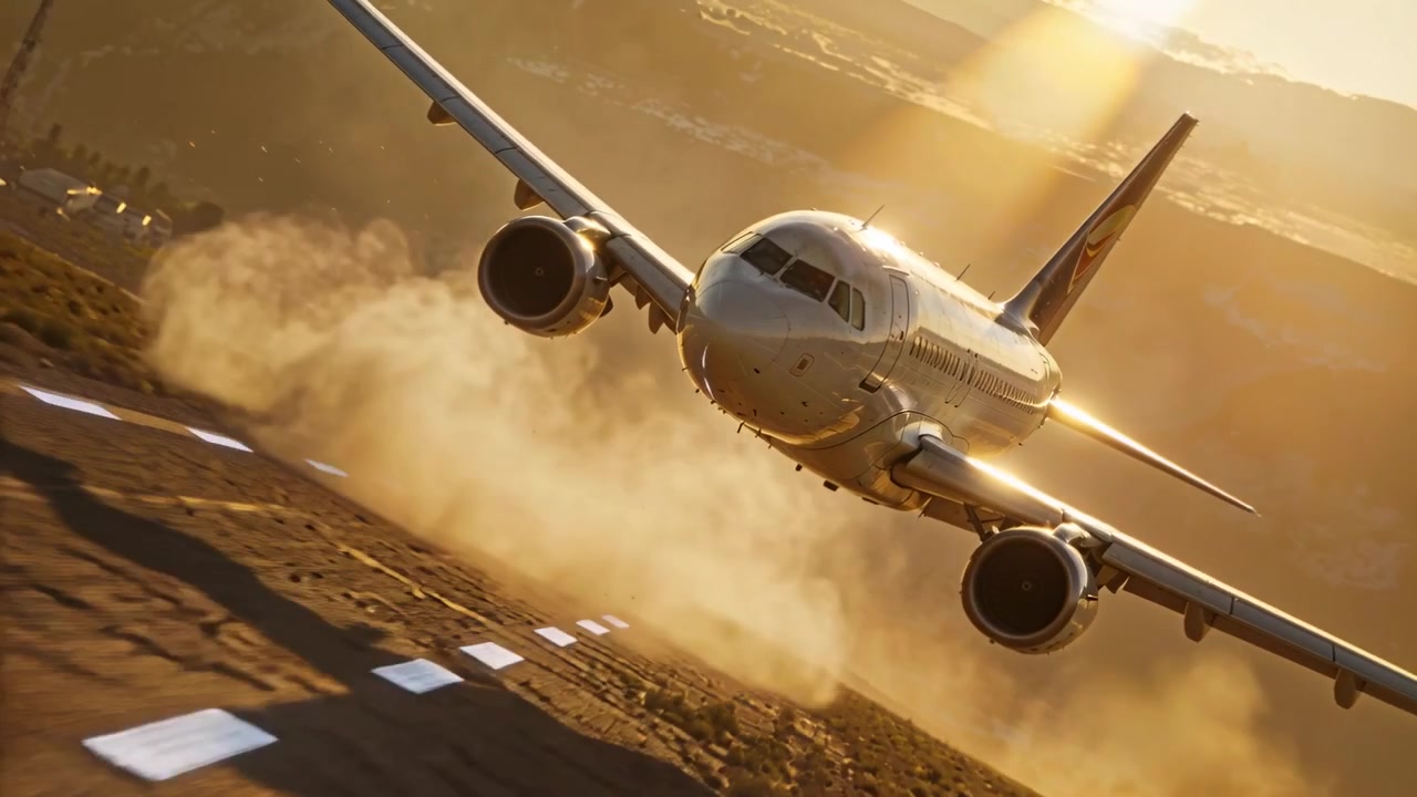 Jet bimotore in discesa che vira sopra un campo d'aviazione arido al tramonto, con la corrente discendente che solleva una colonna di polvere.