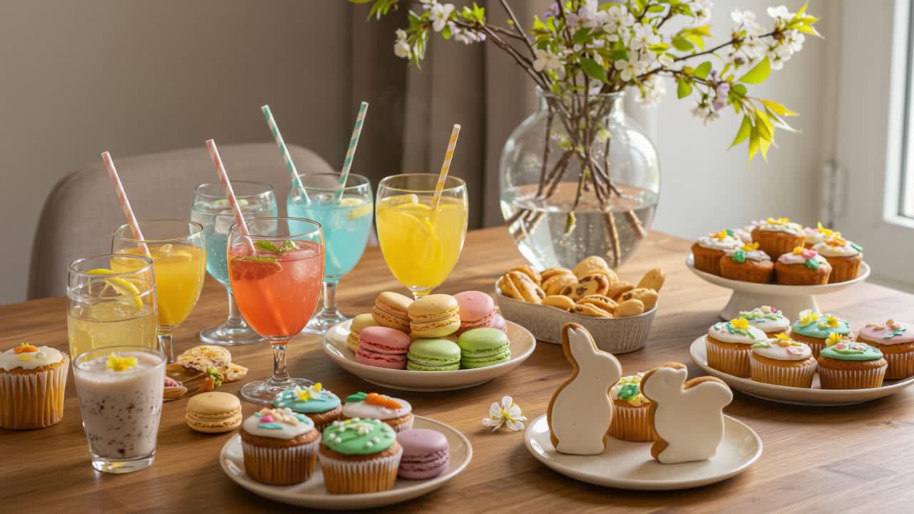 A Delightful Spring Dessert Table Featuring Colorful Macarons, Cupcakes, and Refreshing Beverages Surrounded by Beautiful Blooms