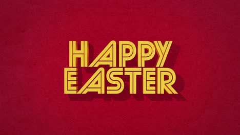 cheerful easter greeting in bold, diagonal letters against red background