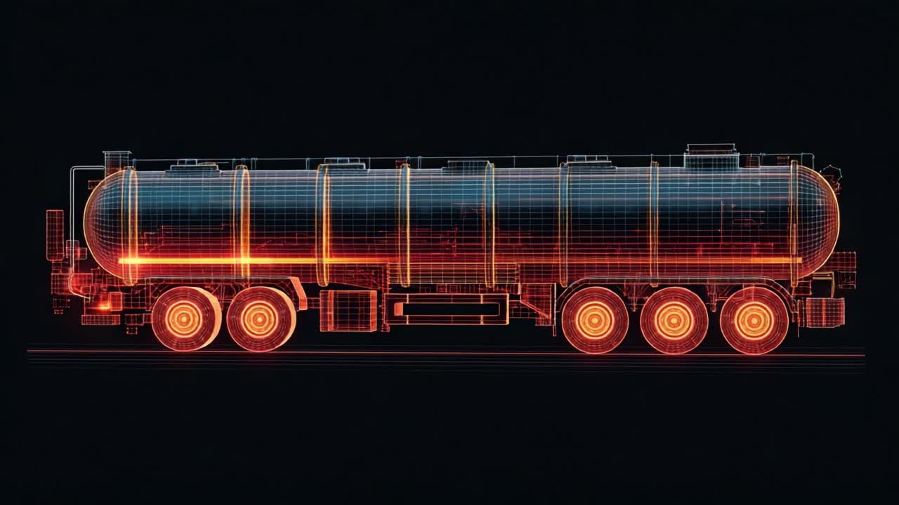 Futuristic Visualization of a Tanker Truck: A Detailed Schematic Representation Showcasing the Structural Elements and Design in a Neon-Aesthetic Rendering