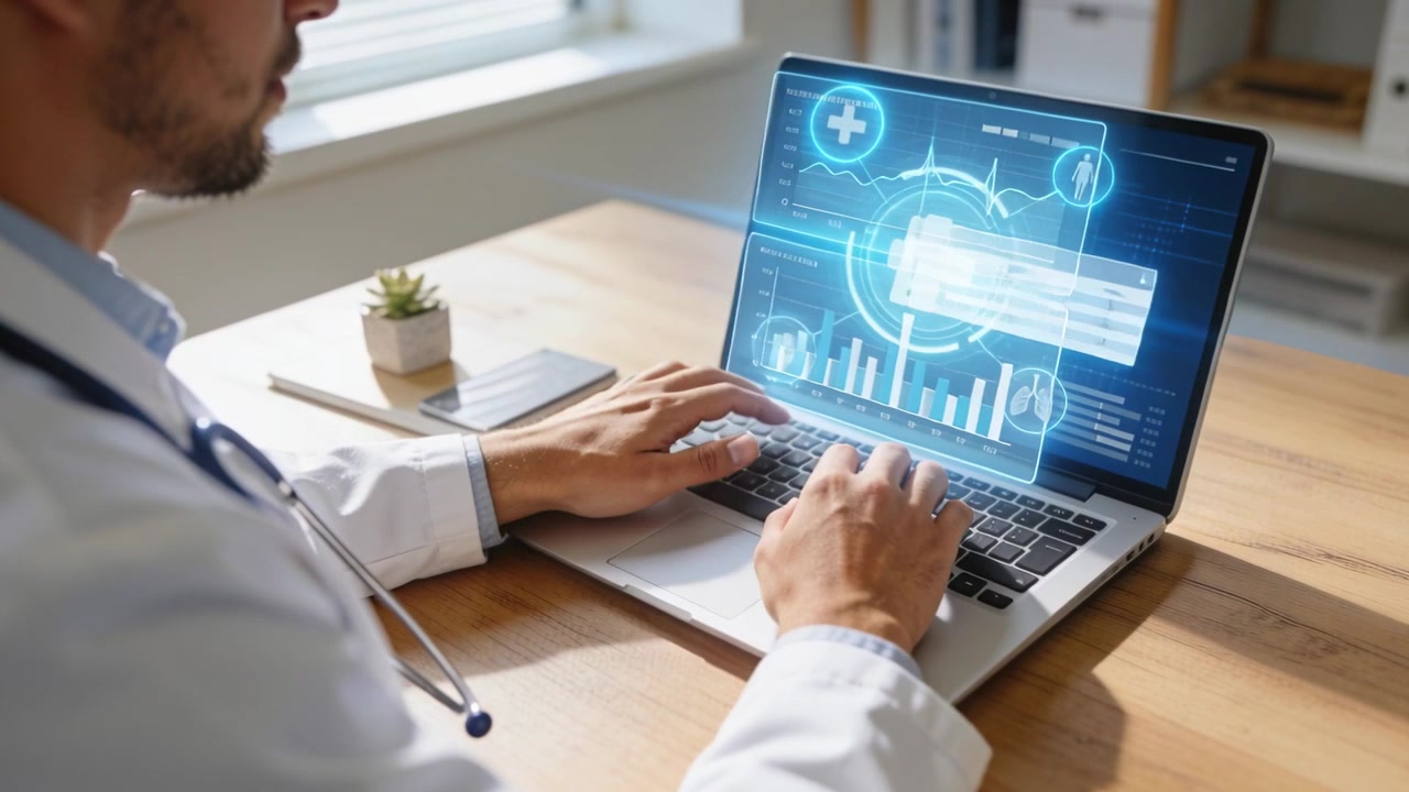 Typing doctor in white coat with stethoscope entering records after UI update at clinic desk