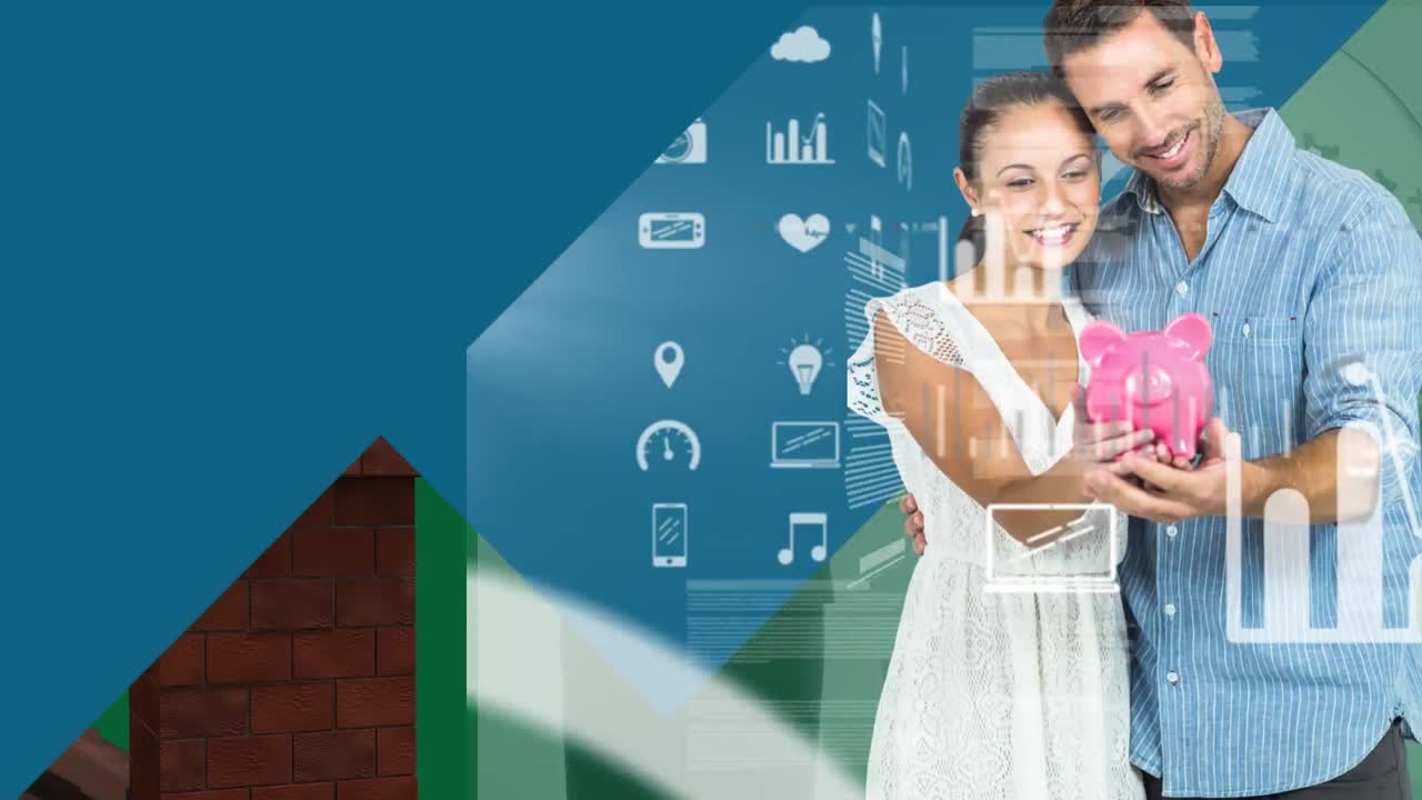 animación del procesamiento de datos sobre una feliz pareja caucásica con una alcancía