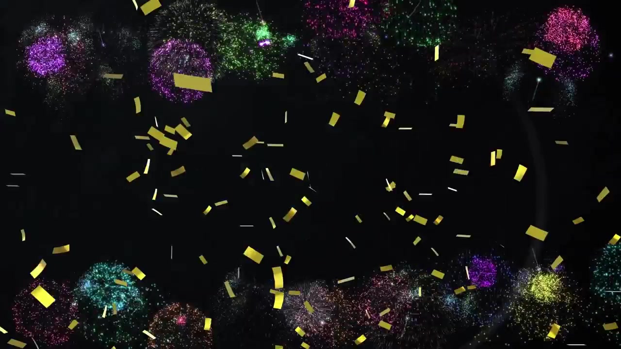 Animation of fireworks over confetti falling