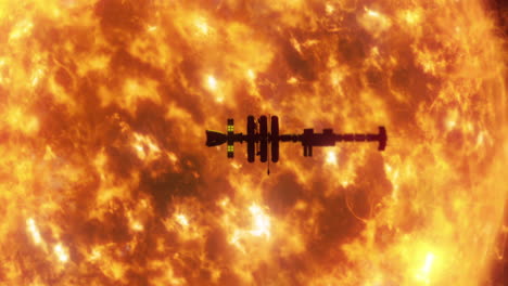 4k closeup spaceship flies in front of the sun