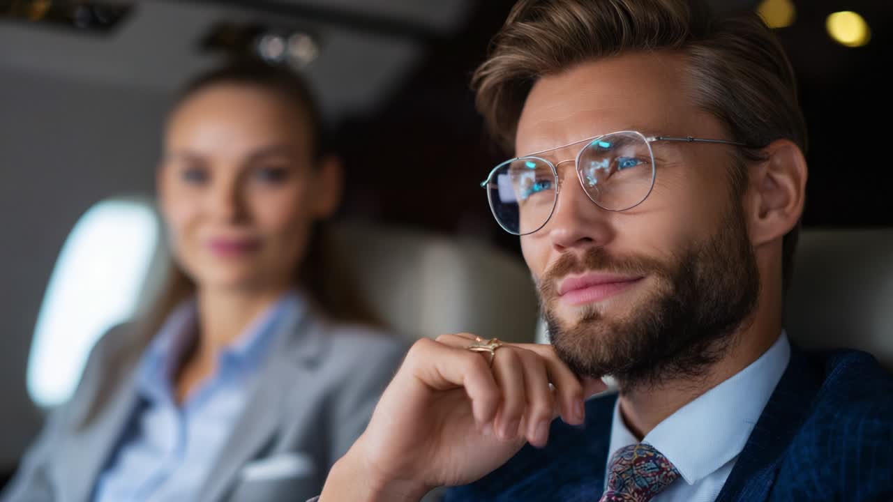 A Thoughtful Businessman Sporting Glasses Reflects on His Journey, While an Engaged Businesswoman Sits Beside Him in a Luxurious Private Jet, Capturing a Moment of Introspection and Professional Reflection