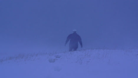 woman disappearing in dramatic, heavy snowstorm