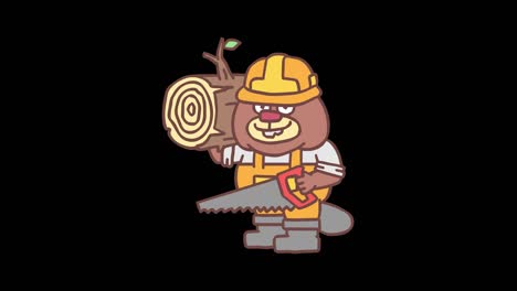 constructor castor sosteniendo sierra sosteniendo tronco de madera y sonriendo. cuadro por cuadro animación. canal alfa