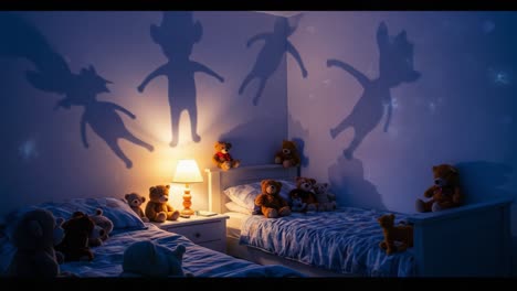 a cozy nighttime scene with teddy bears and dreamy shadows casting playful silhouettes on the wall in a welcoming bedroom setting